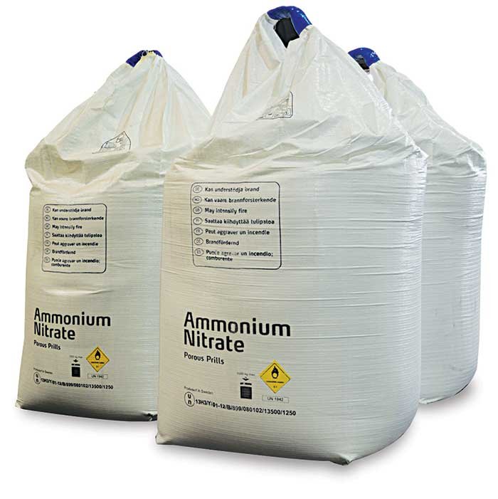 Bulk bags labelled ammonium nitrate porous prills