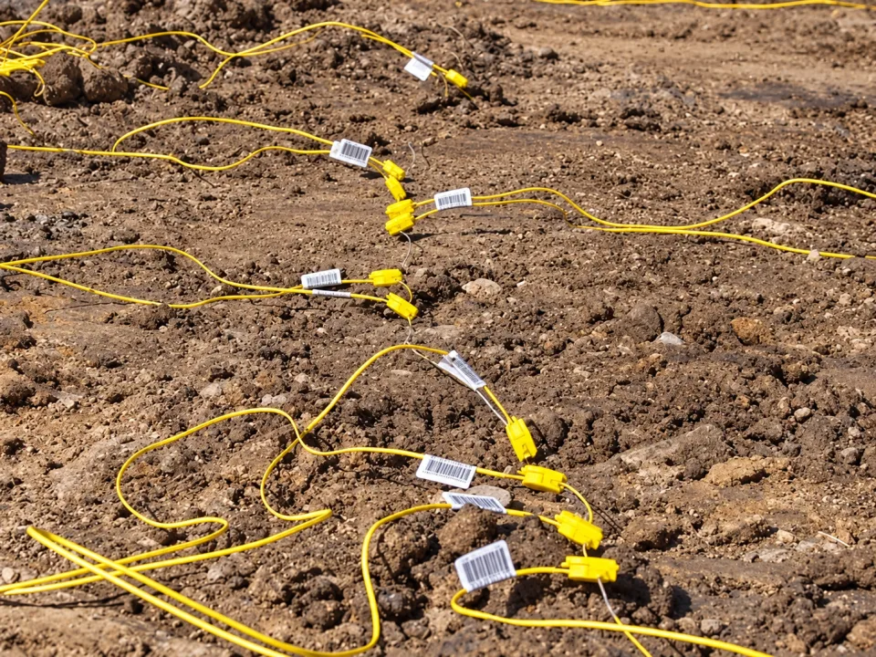 Yellow blasting initiation lines arranged on a prepared mine bench