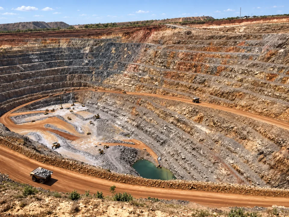 Terraced open-pit mine with haul roads and working benches