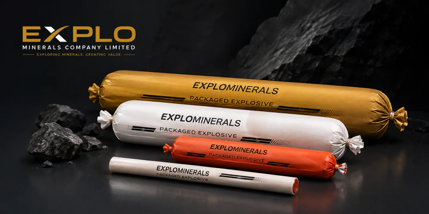 Explominerals branded packaged explosive products arranged against dark rock