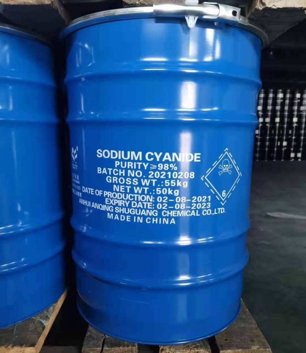 Industrial drums labelled sodium cyanide